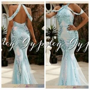 BABY BLUE HALTER STYLE, SLEEVELESS BAROQUE MERMAID MAXI DRESS